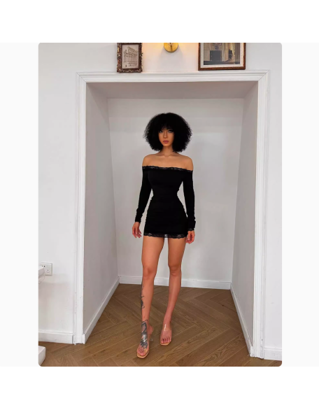 Tight lace trim one-shoulder dress