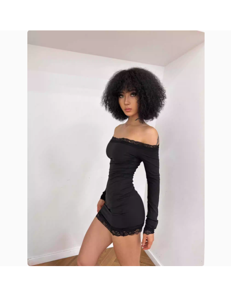 Tight lace trim one-shoulder dress