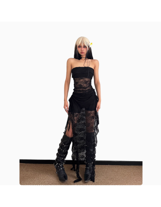 Vintage Sexy Hottie High Split Lace Hollow Out See-through Irregular Sheath Dress Zi