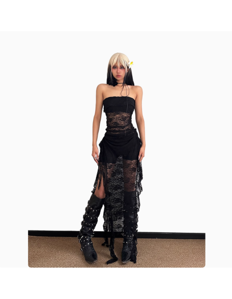 Vintage Sexy Hottie High Split Lace Hollow Out See-through Irregular Sheath Dress Zi