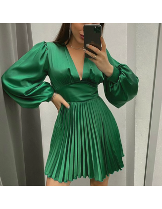 Pleated Long Sleeve A-Line V-Neck Cross Border Dress