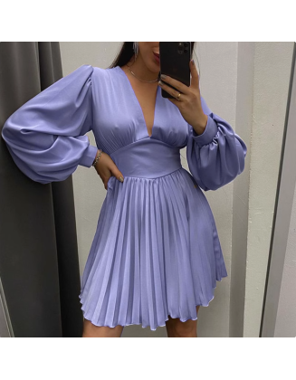 Pleated Long Sleeve A-Line V-Neck Cross Border Dress