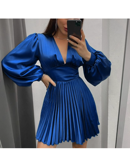 Pleated Long Sleeve A-Line V-Neck Cross Border Dress
