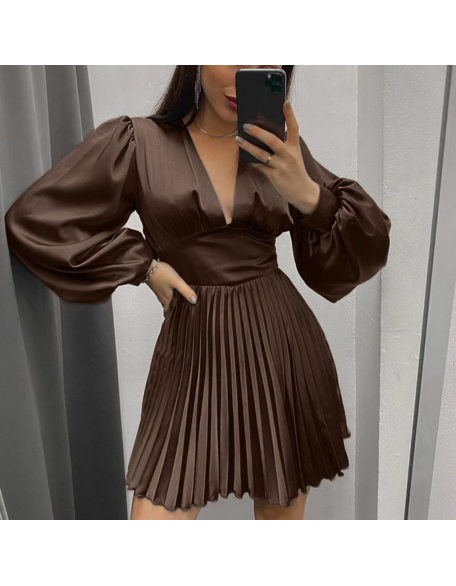Pleated Long Sleeve A-Line V-Neck Cross Border Dress